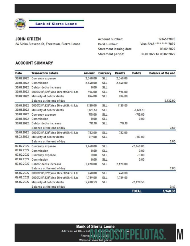 Exemplo de extrato bancário Xls do Banco de Serra Leoa da Serra Leoa